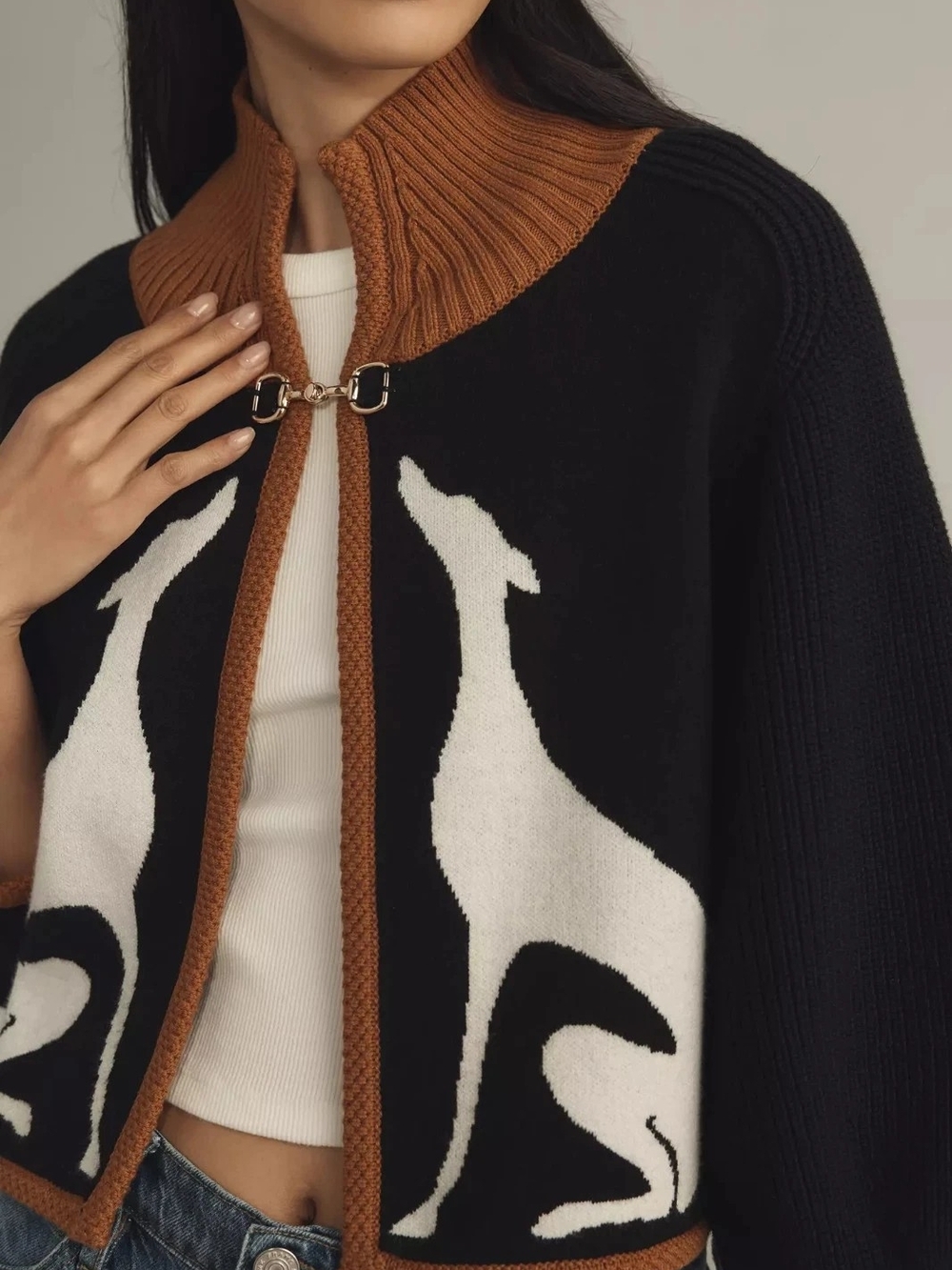 Black & Brown Dog-Intarsia Knit Cardigan Sweater - Picture 4 of 13